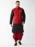 Vastramay Men's Maroon Zari Weaved Jacket With Kurta Dhoti Set